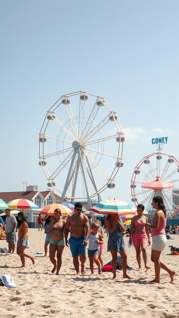 A sunny day at Coney Island with beachgoers and a Ferris wheel in the background.