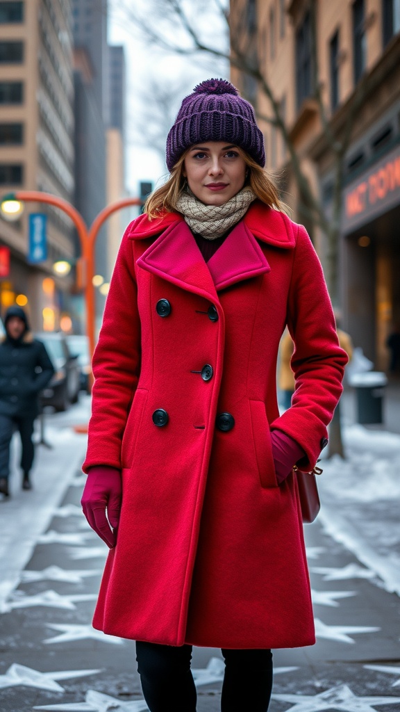 A woman wearing a bright red coat with a purple hat and scarf, standing in a city street.