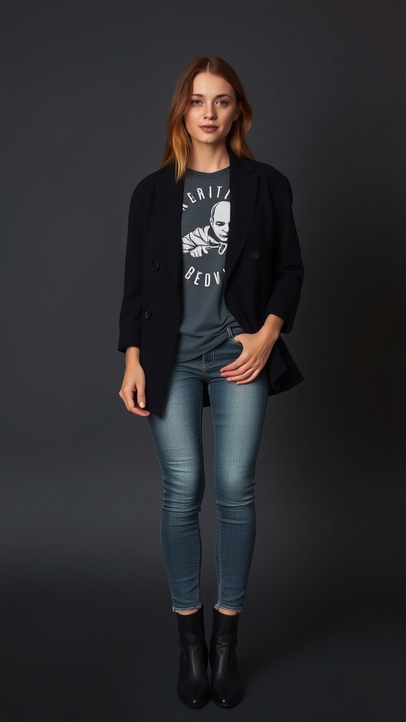 A model wearing an oversized blazer over a graphic tee and jeans.