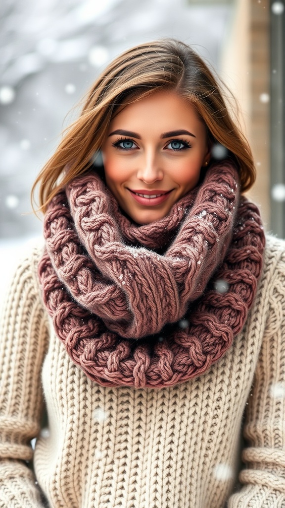A chunky knit scarf wrapped around the neck against a snowy background.