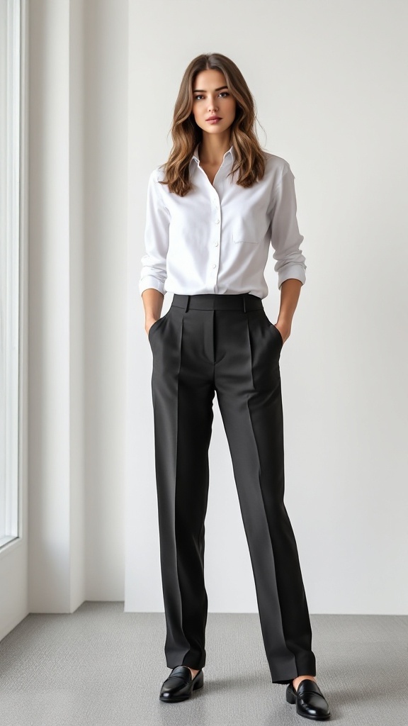 A classic white button-down shirt paired with tan trousers.