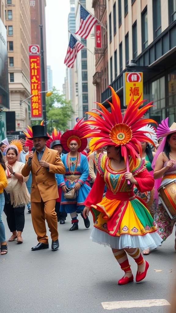 A lively street parade in NYC featuring colorful costumes and festive atmosphere.