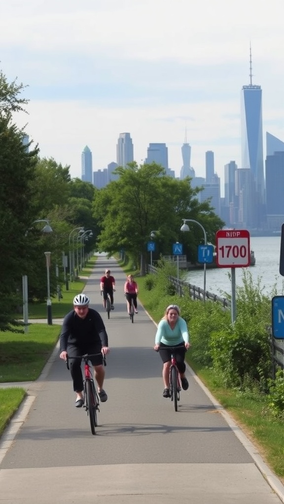 People cycling along the Hudson River Greenway with a view of the NYC skyline.