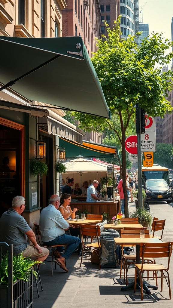 Outdoor dining scene in New York City during summer.