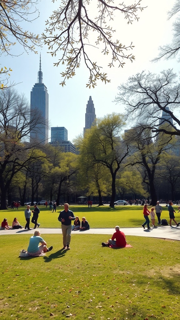 People enjoying summer in Central Park, with skyscrapers in the background.