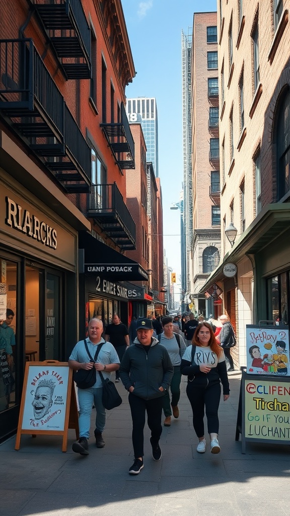 People walking in a vibrant New York City neighborhood during summer.