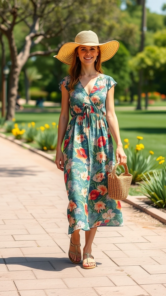 A woman wearing a floral midi dress and a straw hat, walking in a park.