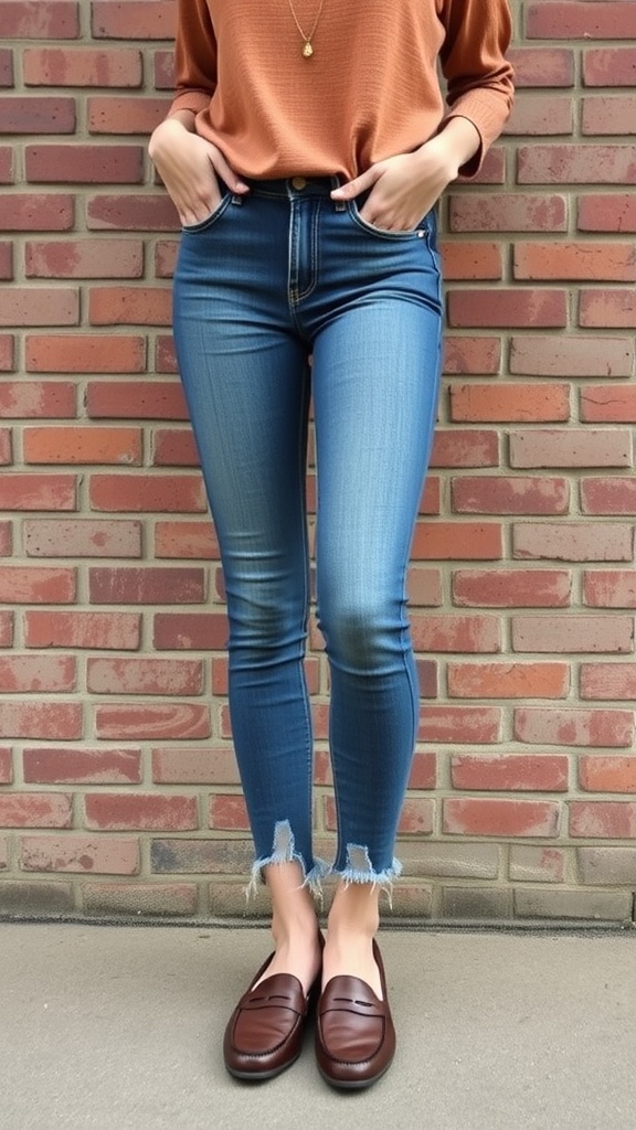 A person wearing frayed hem jeans and a casual brown top, standing against a brick wall.