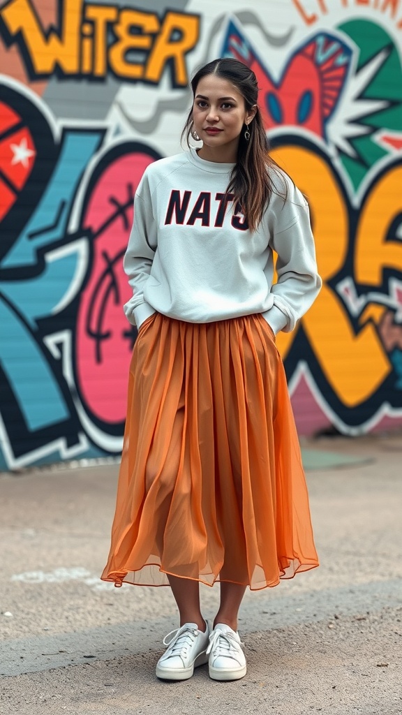 A woman wearing a graphic sweatshirt and a midi skirt against a colorful background.