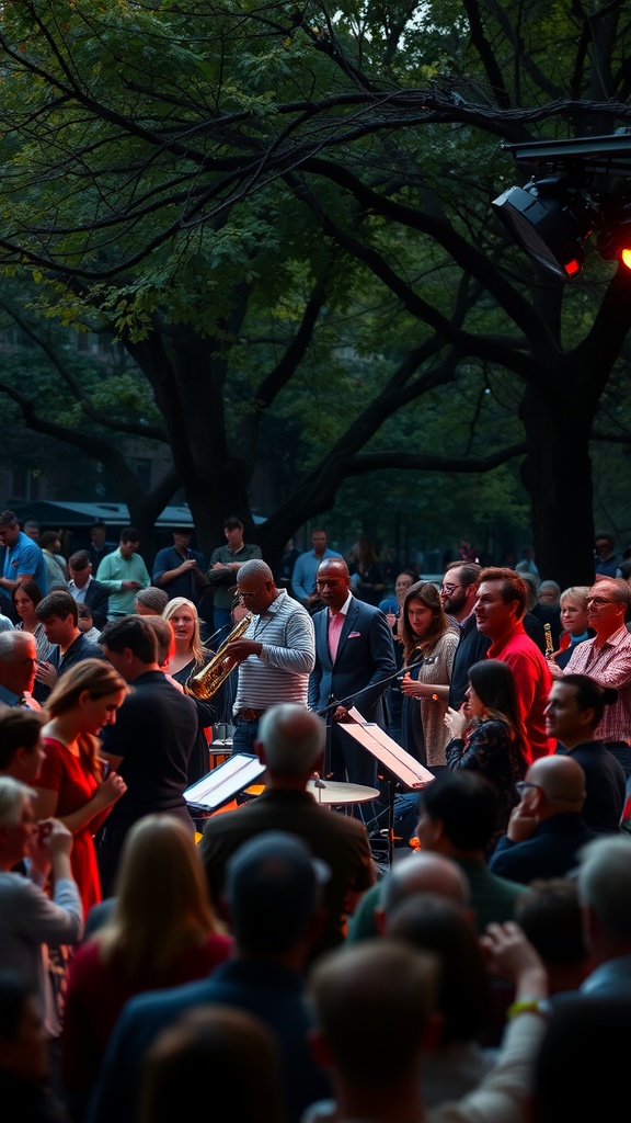 A lively jazz performance in a NYC park during summer with an engaged audience.