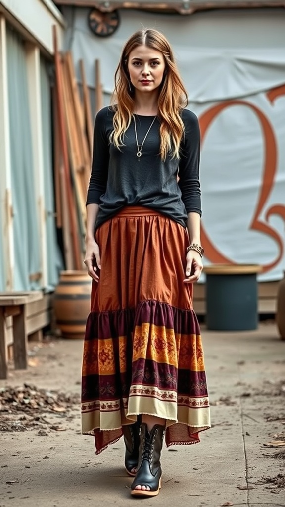 A woman in a layered maxi skirt and long-sleeve top, showcasing a trendy outfit.