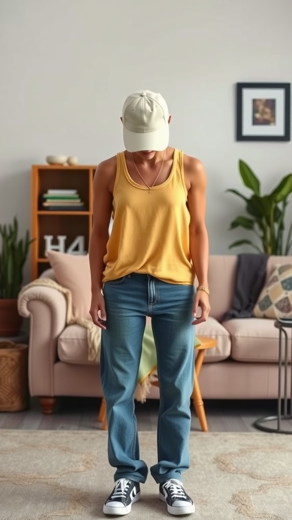 A person wearing a yellow tank top with blue jeans and a cap, standing indoors.