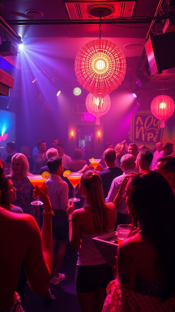 A lively nightlife scene in NYC with people enjoying drinks and colorful lights.