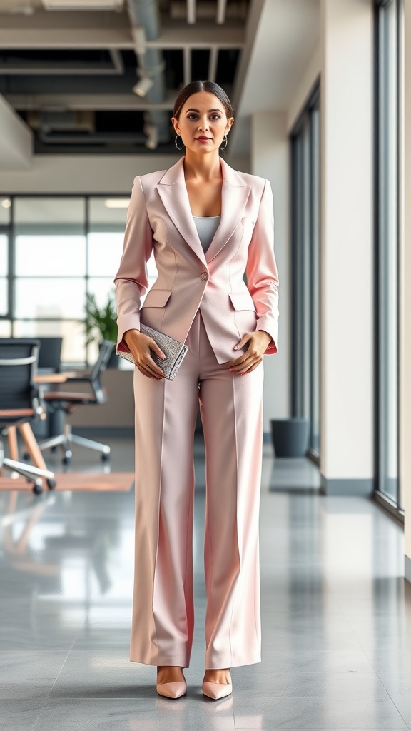 Woman wearing a stylish pastel suit in a modern office setting.