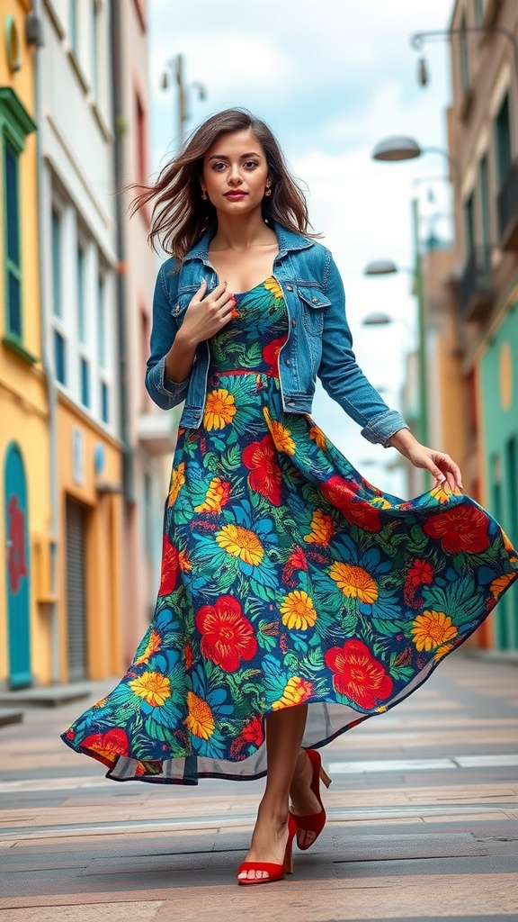 A woman wearing a floral maxi dress with a denim jacket and red heels walking in a colorful street.