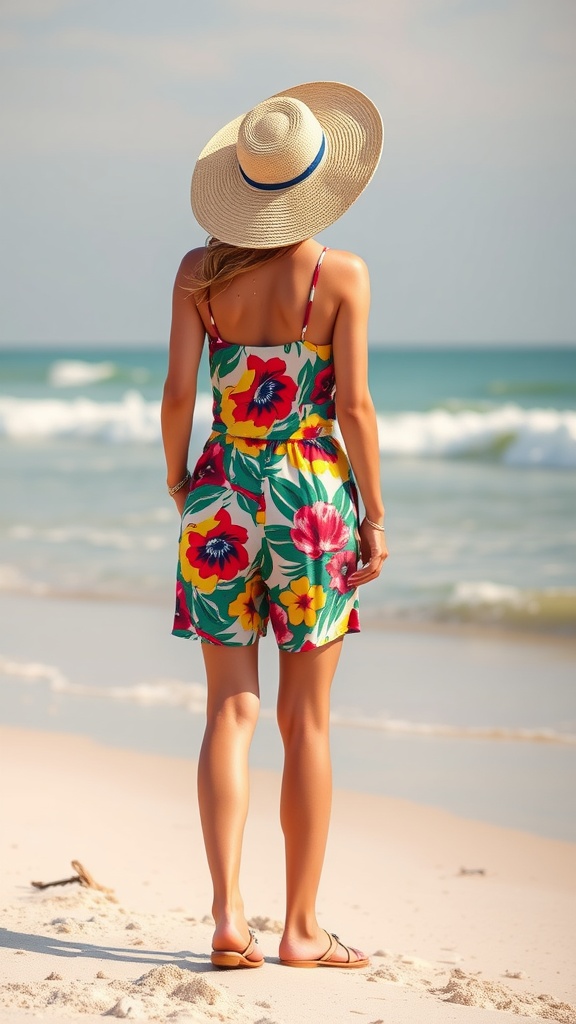 A woman wearing a colorful floral romper and a straw hat, standing on the beach.