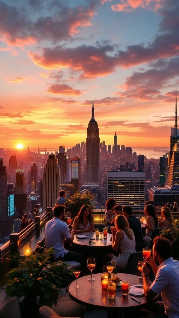 People enjoying drinks at a rooftop bar with a sunset view over New York City