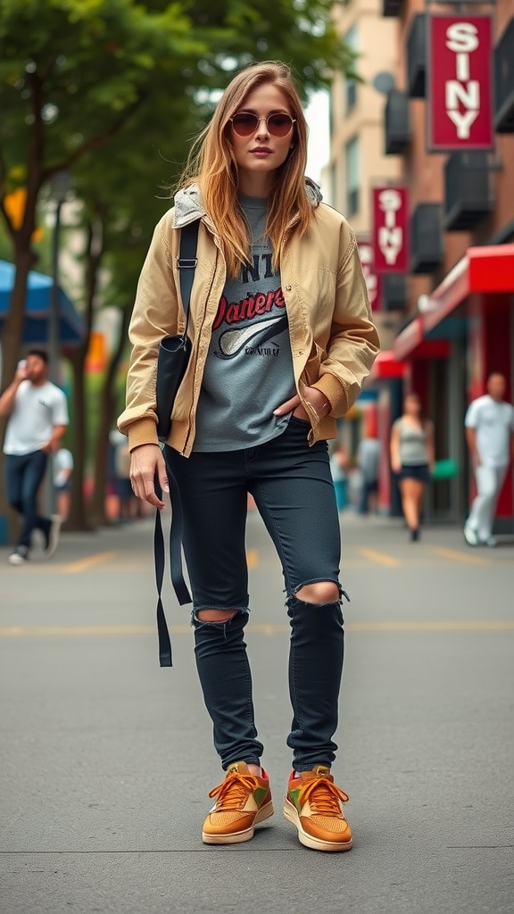 A young man wearing a stylish outfit with statement sneakers in an urban setting.