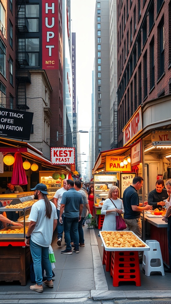 A bustling street fair in NYC with food stalls and people enjoying the summer vibes.