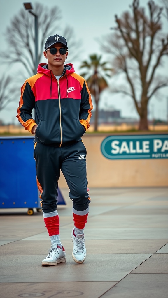 A stylish individual wearing a colorful tracksuit with sunglasses and a cap.