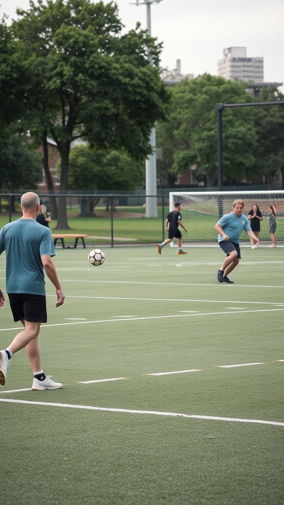 People playing soccer on a field in NYC during summer.