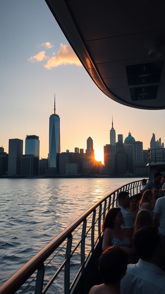 View of Manhattan skyline during sunset from a cruise boat.