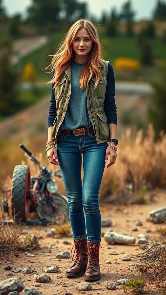 A young woman wearing a utility vest, styled with jeans and boots, standing outdoors.
