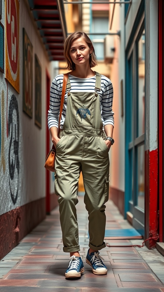 A person wearing vintage-inspired overalls with a striped shirt and a red bag in a colorful alley.