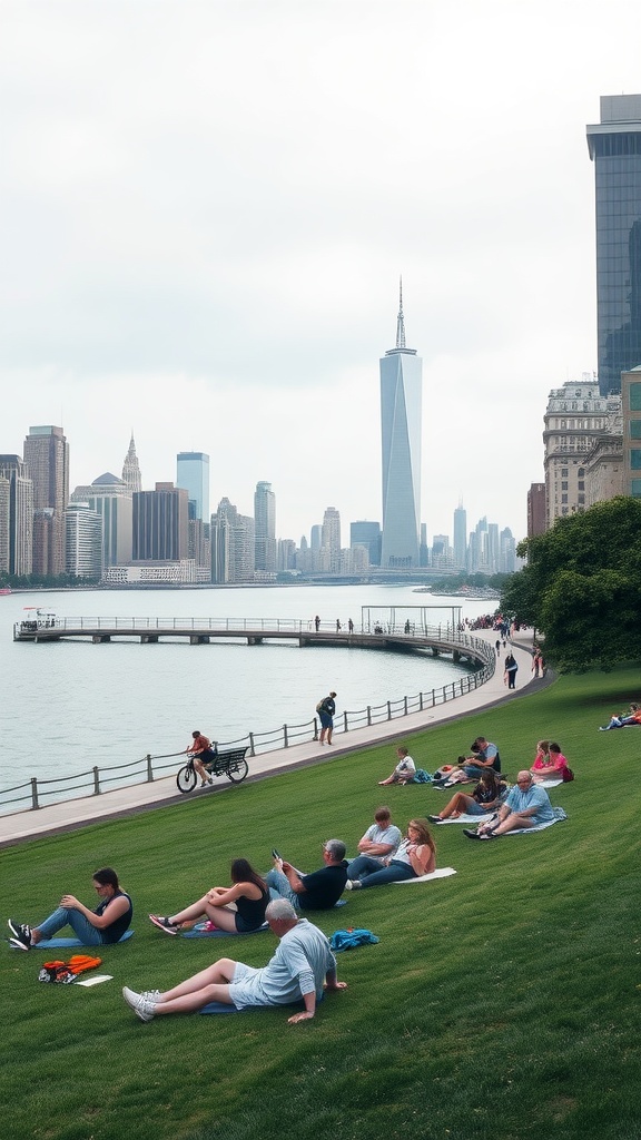 People relaxing on the grass at a waterfront park in NYC with skyline views.