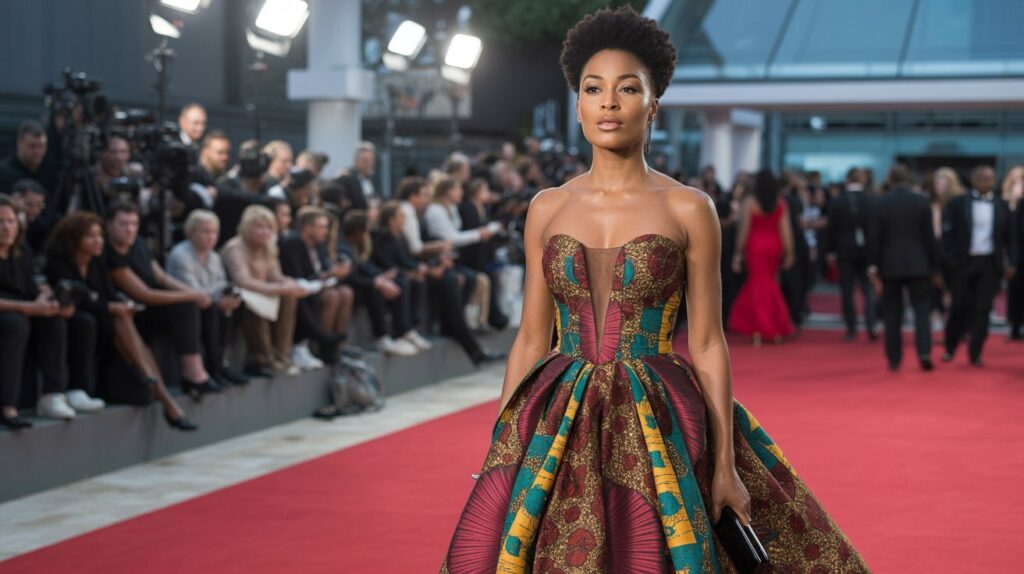 African celebrity in vibrant African-inspired gown on red carpet
