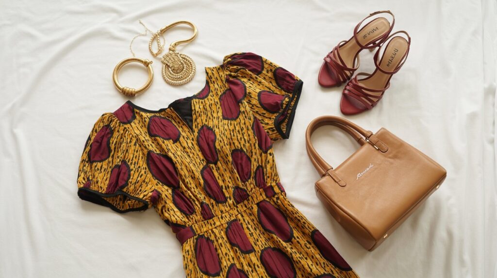 Gold jewelry and handbag styled with folded Ankara dress flat-lay