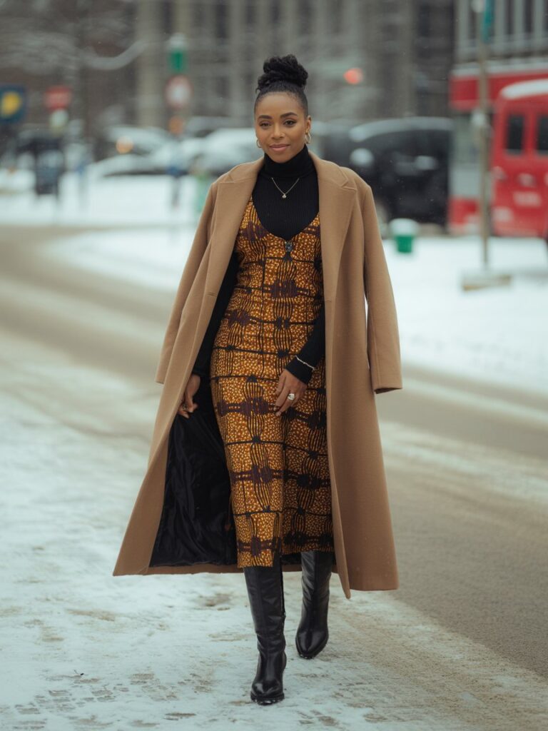 Woman styling Ankara dress with turtleneck and boots for winter
