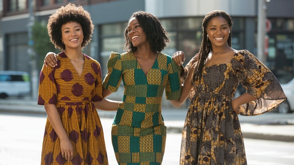 Three African women in Ankara, Kente, and Boubou dresses smiling together