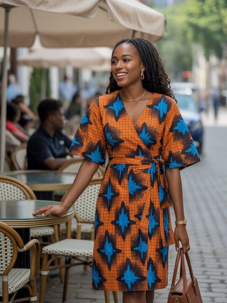 Woman in colorful Ankara wrap dress enjoying coffee outdoors