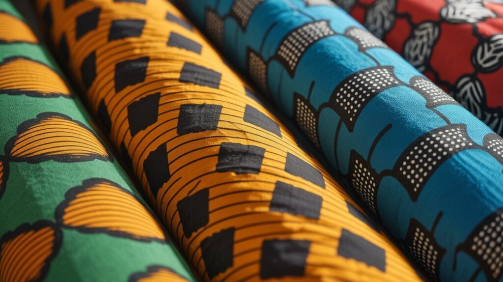 Close-up of authentic African wax print fabrics in bold colors