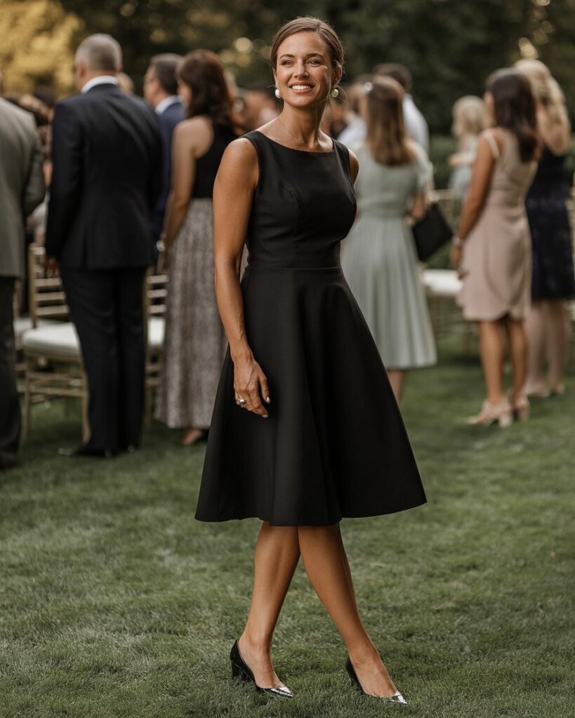 Wedding guest wearing classic black A-line short dress with fitted bodice and flared skirt at outdoor ceremony