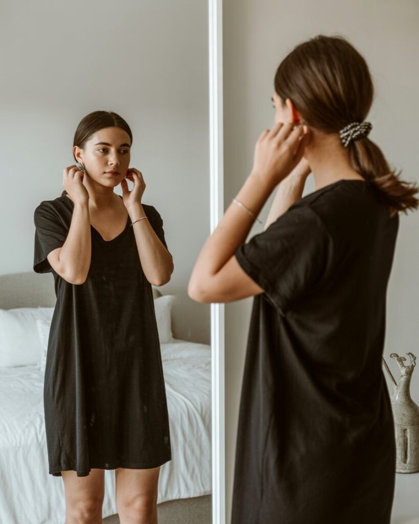 Woman in black casual dress adding statement earrings in mirror