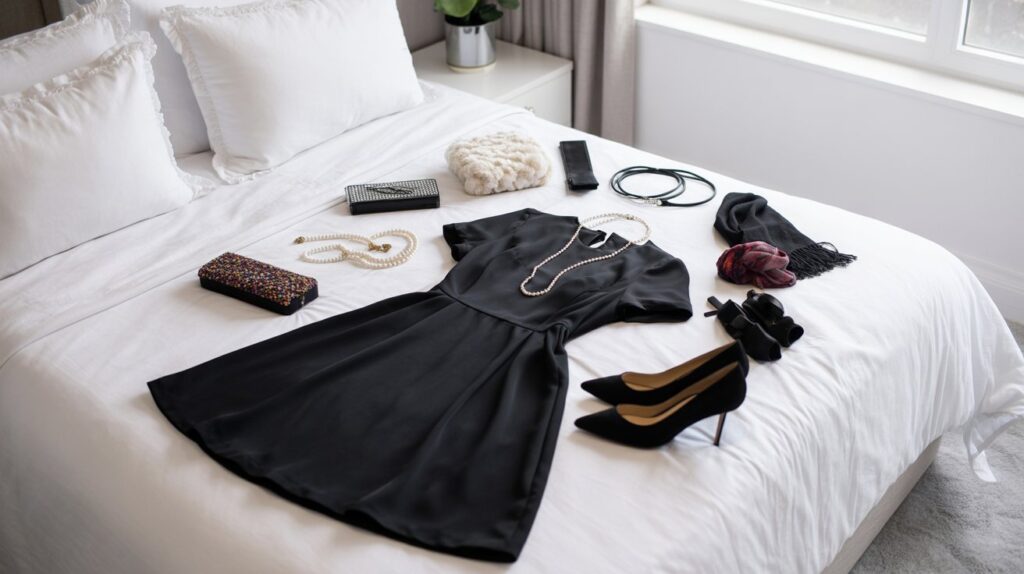 Black dress with accessories showing versatile styling options