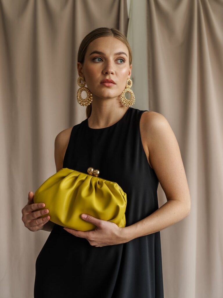 Black dress styled with statement earrings and yellow clutch
