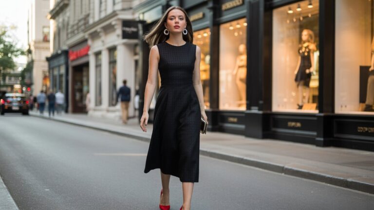 Chic woman in a black midi dress with red heels walking in the city
