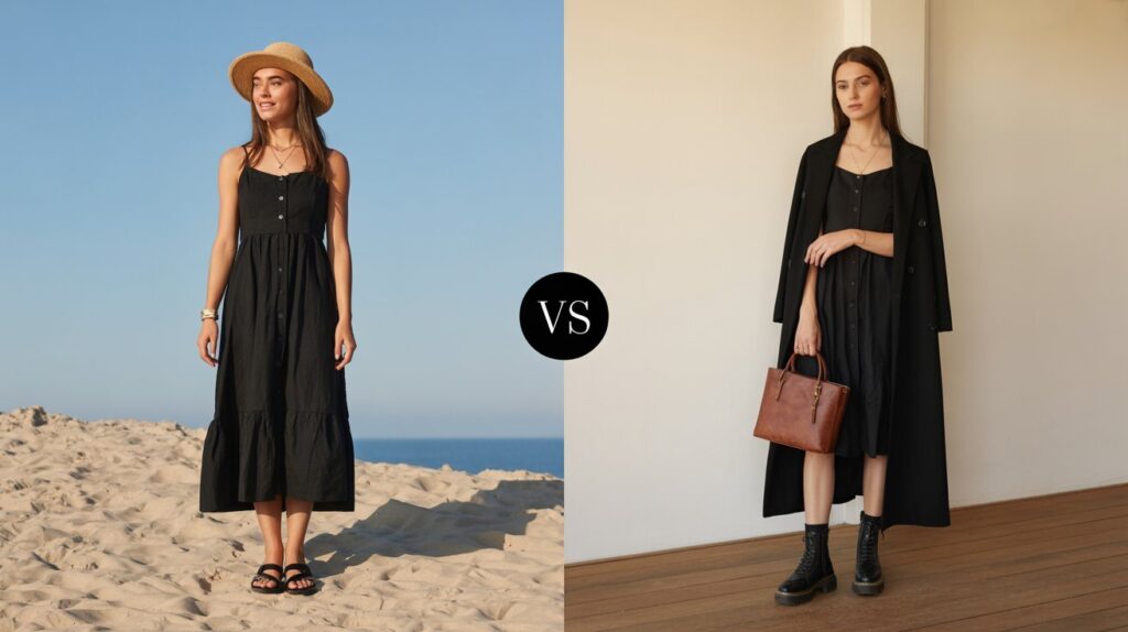 Black dress styled for summer and winter fashion looks
