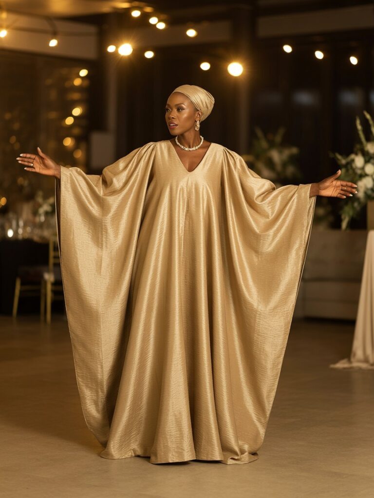 Elegant woman in golden boubou-style dress at wedding event