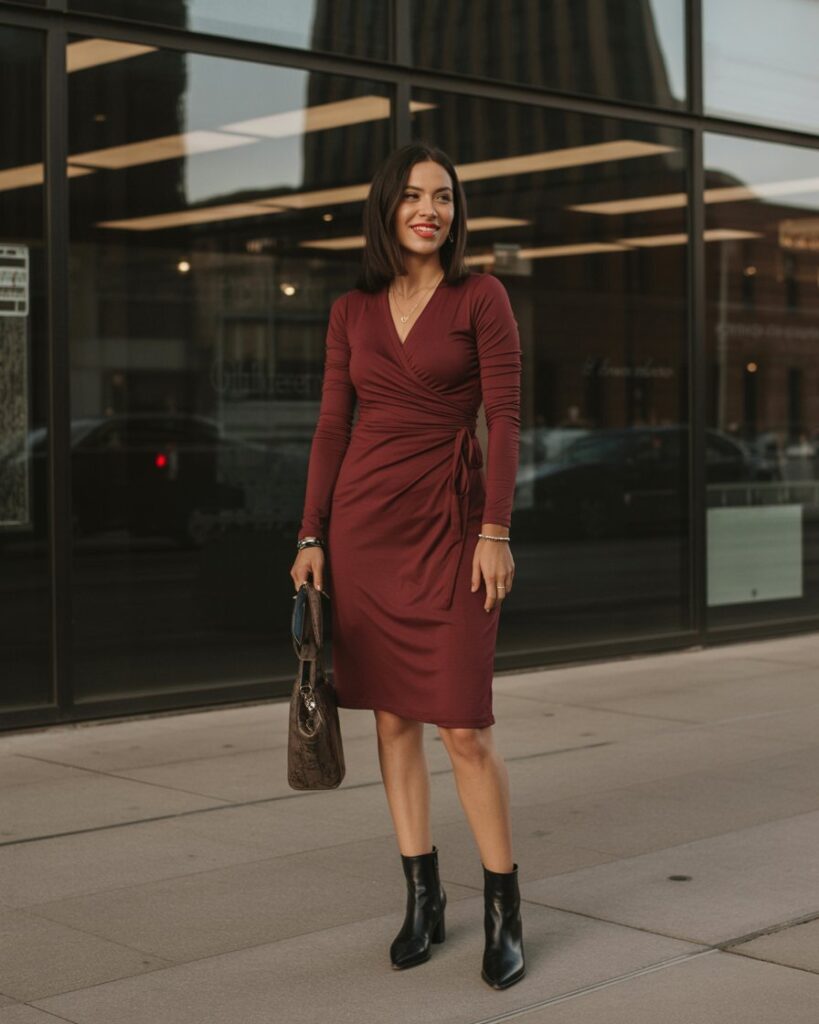 Woman in burgundy jersey wrap dress with ankle boots outside office