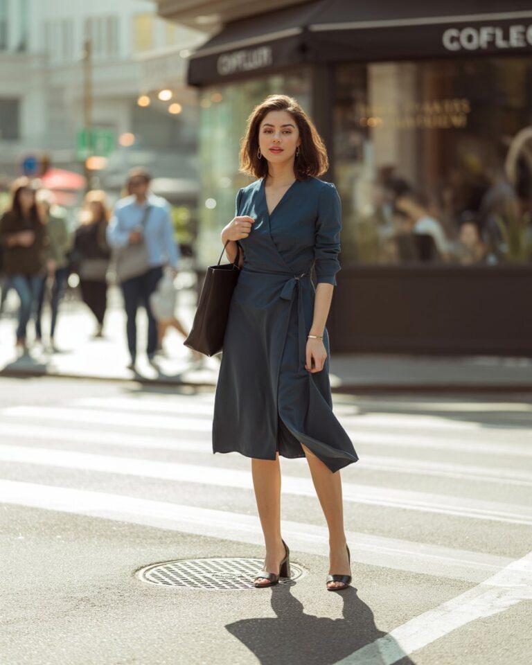 Chic woman in navy wrap dress with tote bag on city street at golden hour