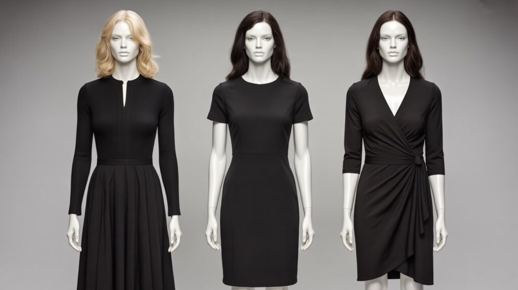 Little black dress, sheath dress, and wrap dress displayed in lineup