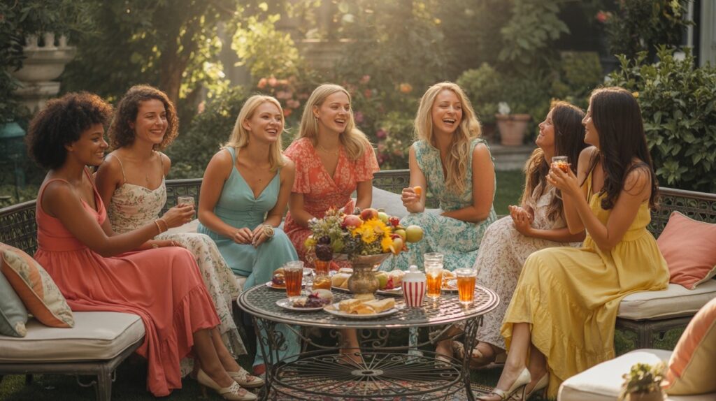 Women in colorful dresses at a summer garden party