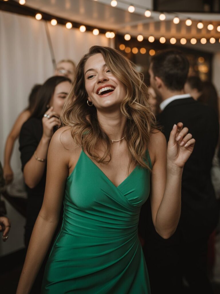 Confident woman dancing in emerald green party dress at celebration