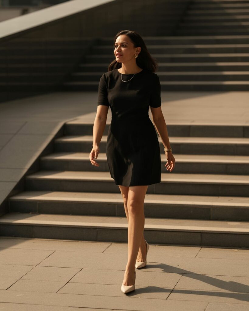 Confident woman in classic black short dress walking up modern steps showcasing elegant styling