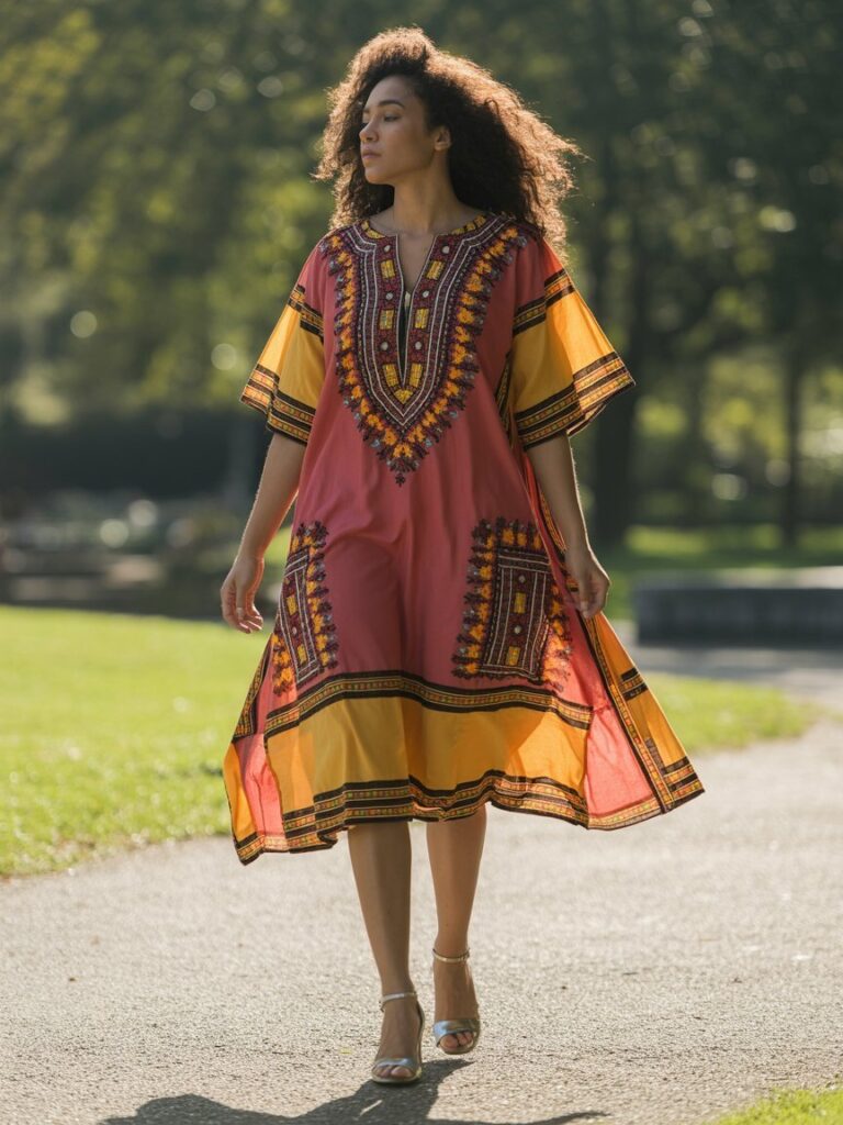 Woman in flowing dashiki dress with embroidered neckline walking in park
