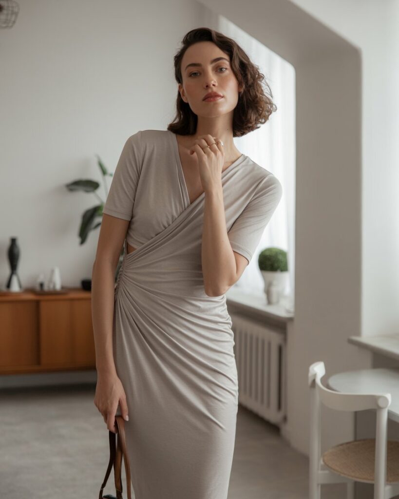 Woman in a neutral draped jersey dress in a minimalist modern home